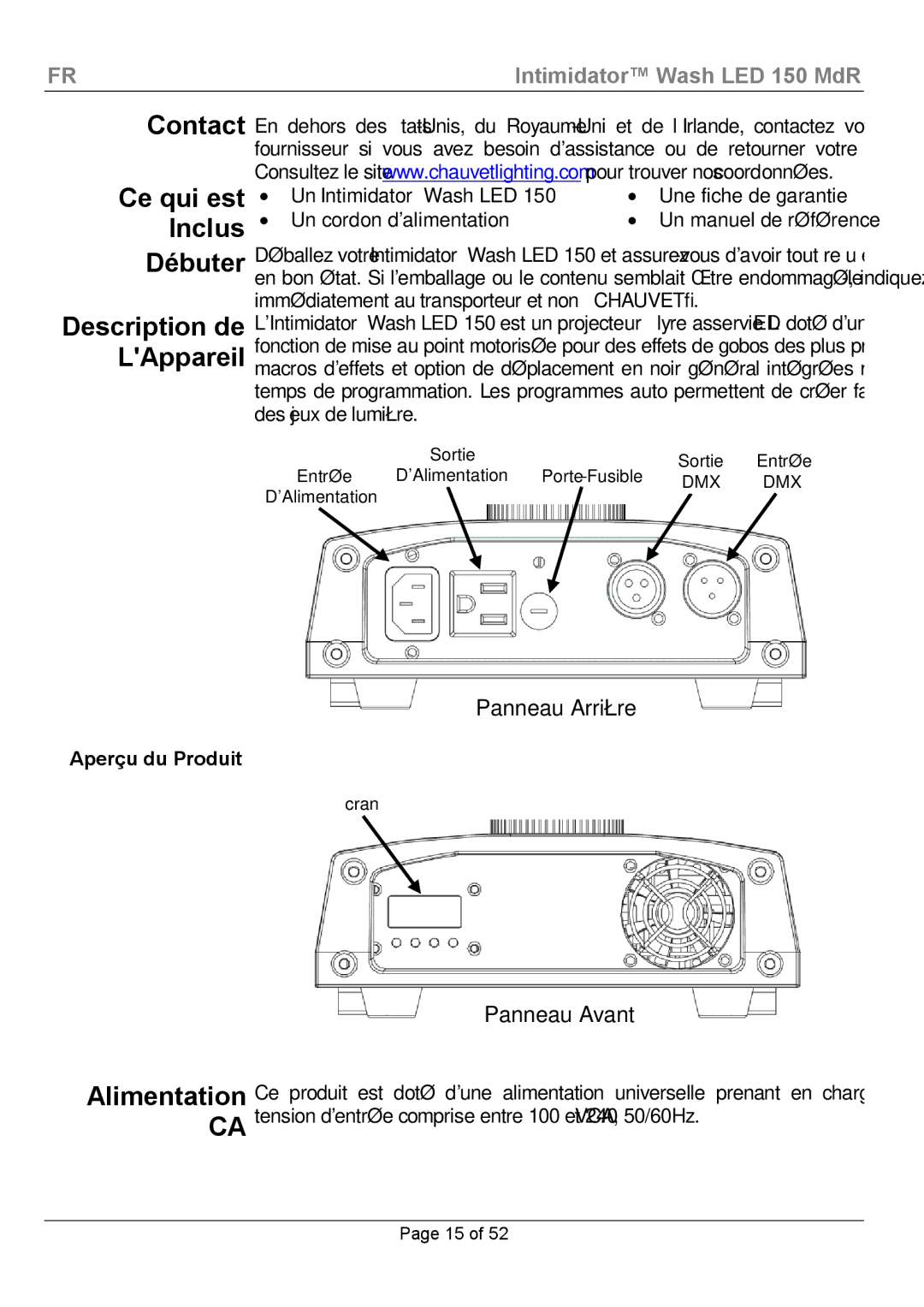 Chauvet Wash LED 150 manual Contact Ce qui est Inclus Débuter Description de LAppareil, Panneau Avant 