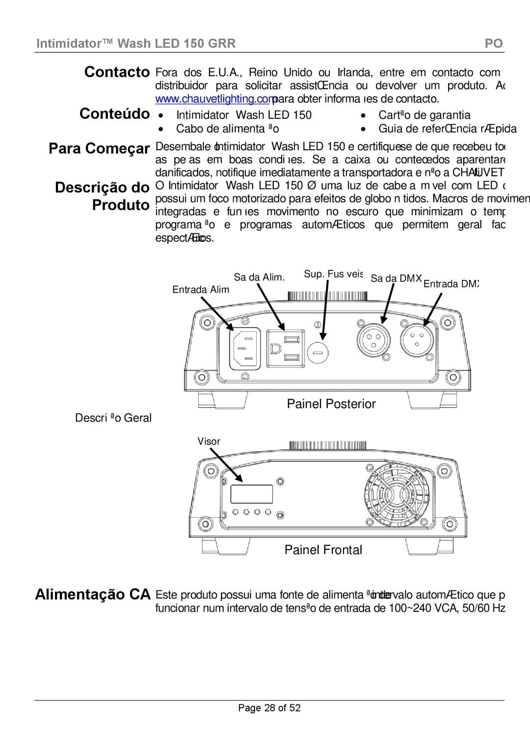 Chauvet Wash LED 150 manual Contacto Conteúdo Para Começar, Descrição do Produto 