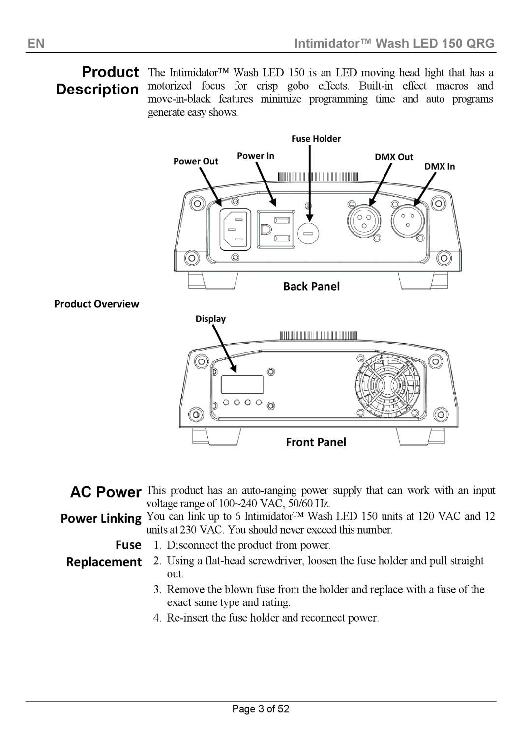 Chauvet Wash LED 150 manual Product Description, Front Panel 