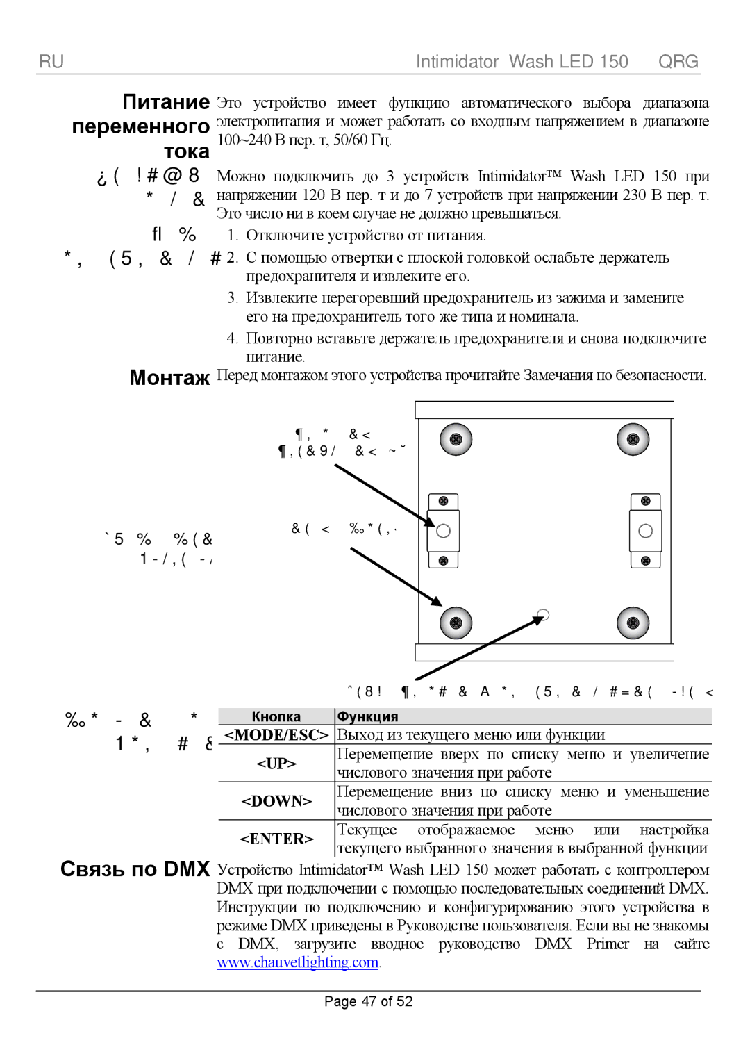 Chauvet Wash LED 150 manual Связь по DMX, Функция, Кнопка 