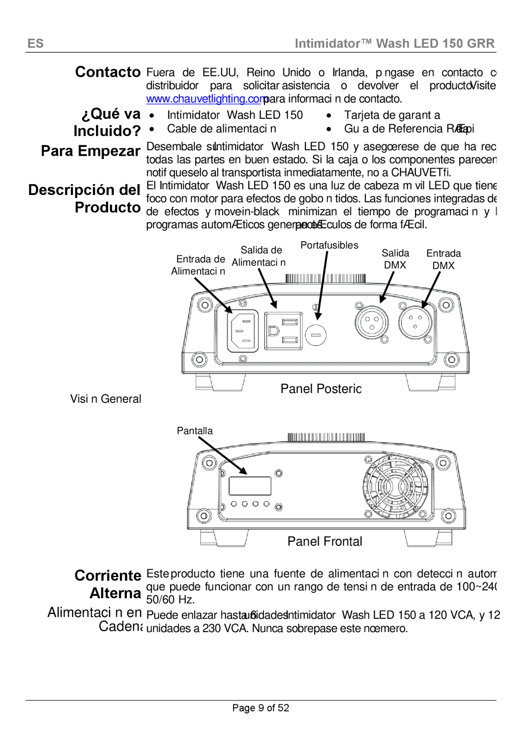 Chauvet Wash LED 150 manual Contacto ¿Qué va Incluido? Para Empezar, Corriente Alterna 