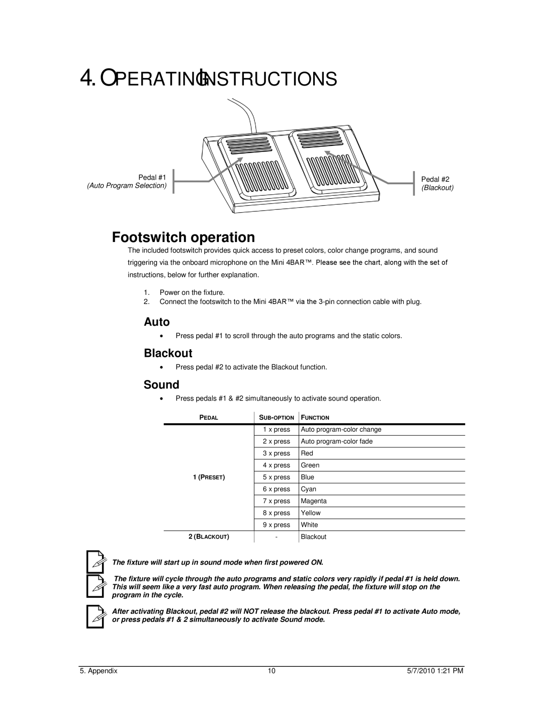 Chauvet Work Light user manual Operating Instructions, Footswitch operation, Auto, Blackout, Sound 