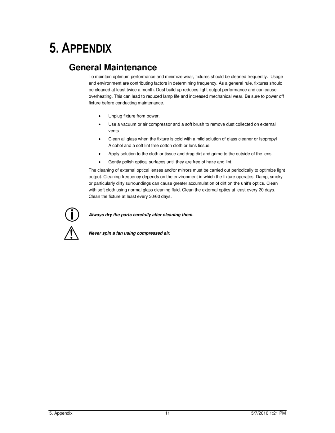 Chauvet Work Light user manual Appendix, General Maintenance 