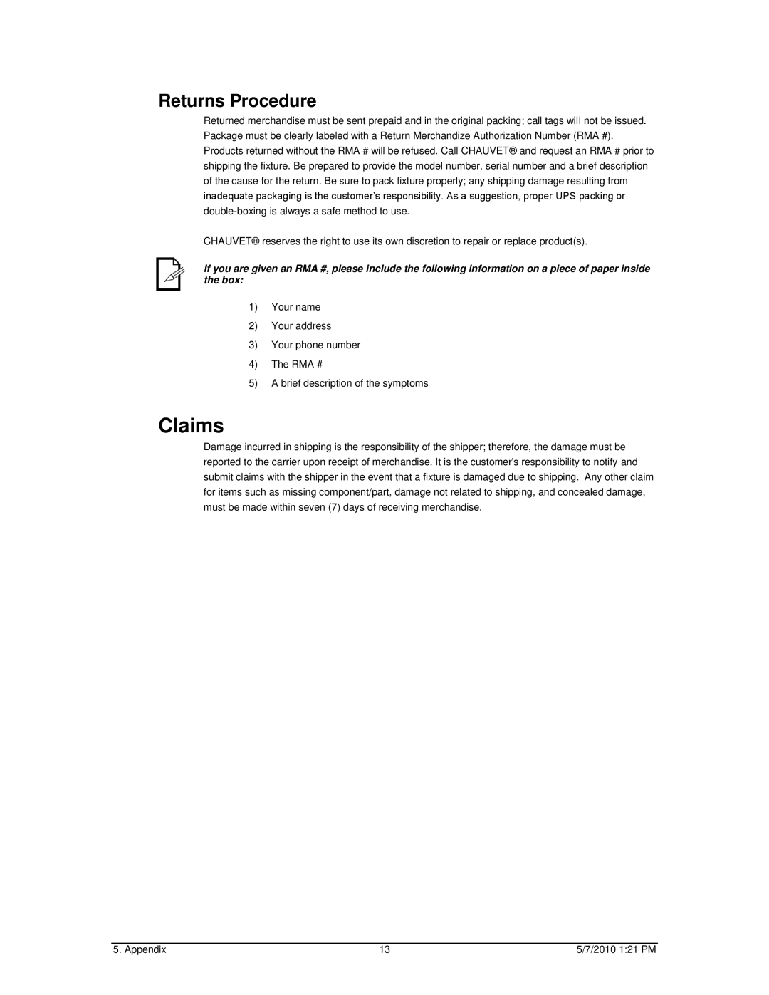 Chauvet Work Light user manual Claims, Returns Procedure 