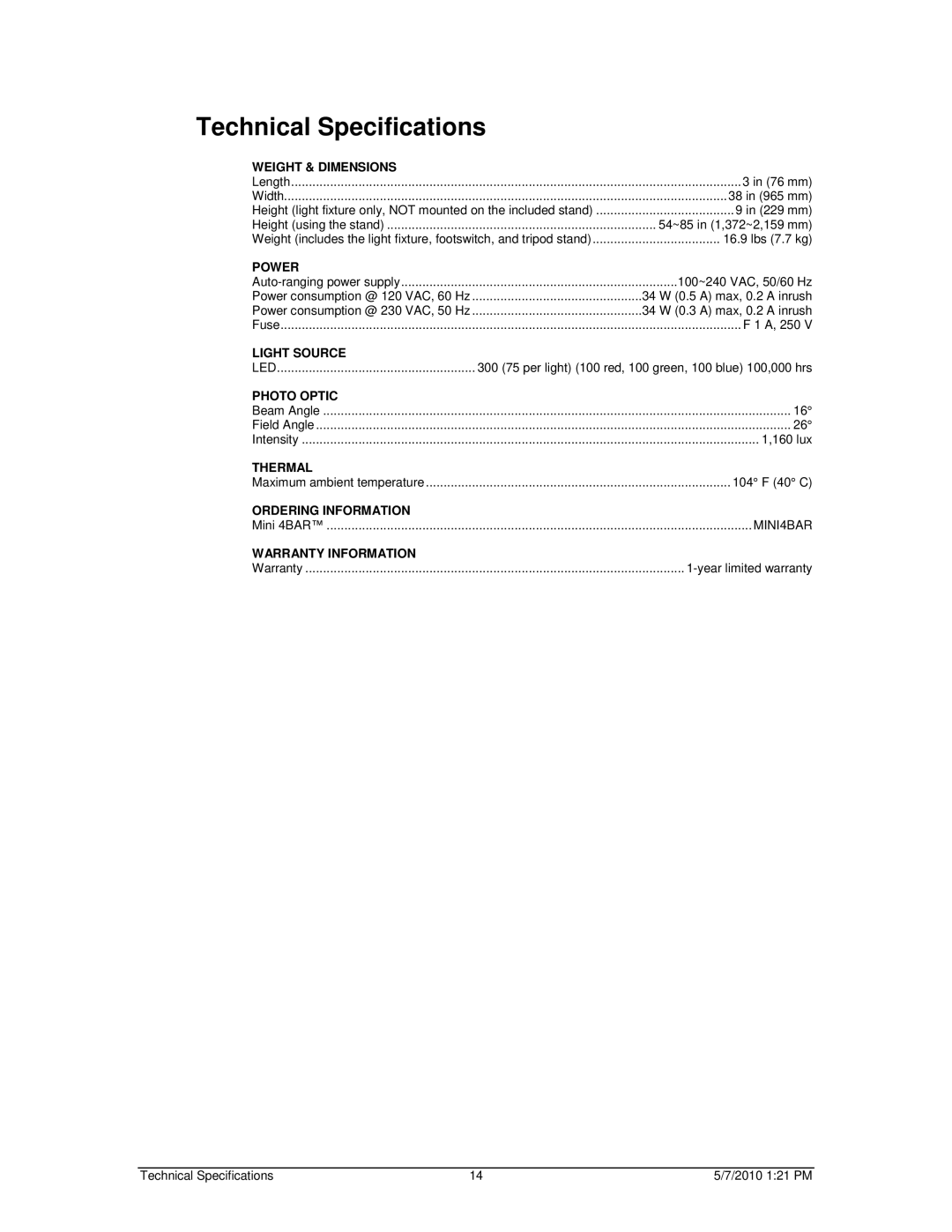 Chauvet Work Light user manual Technical Specifications, Weight & Dimensions 