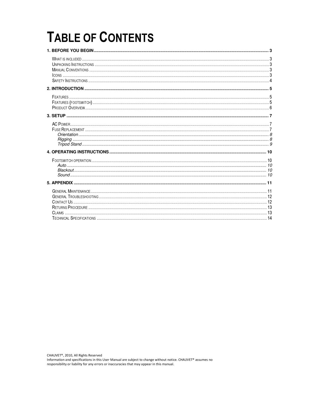 Chauvet Work Light user manual Table of Contents 