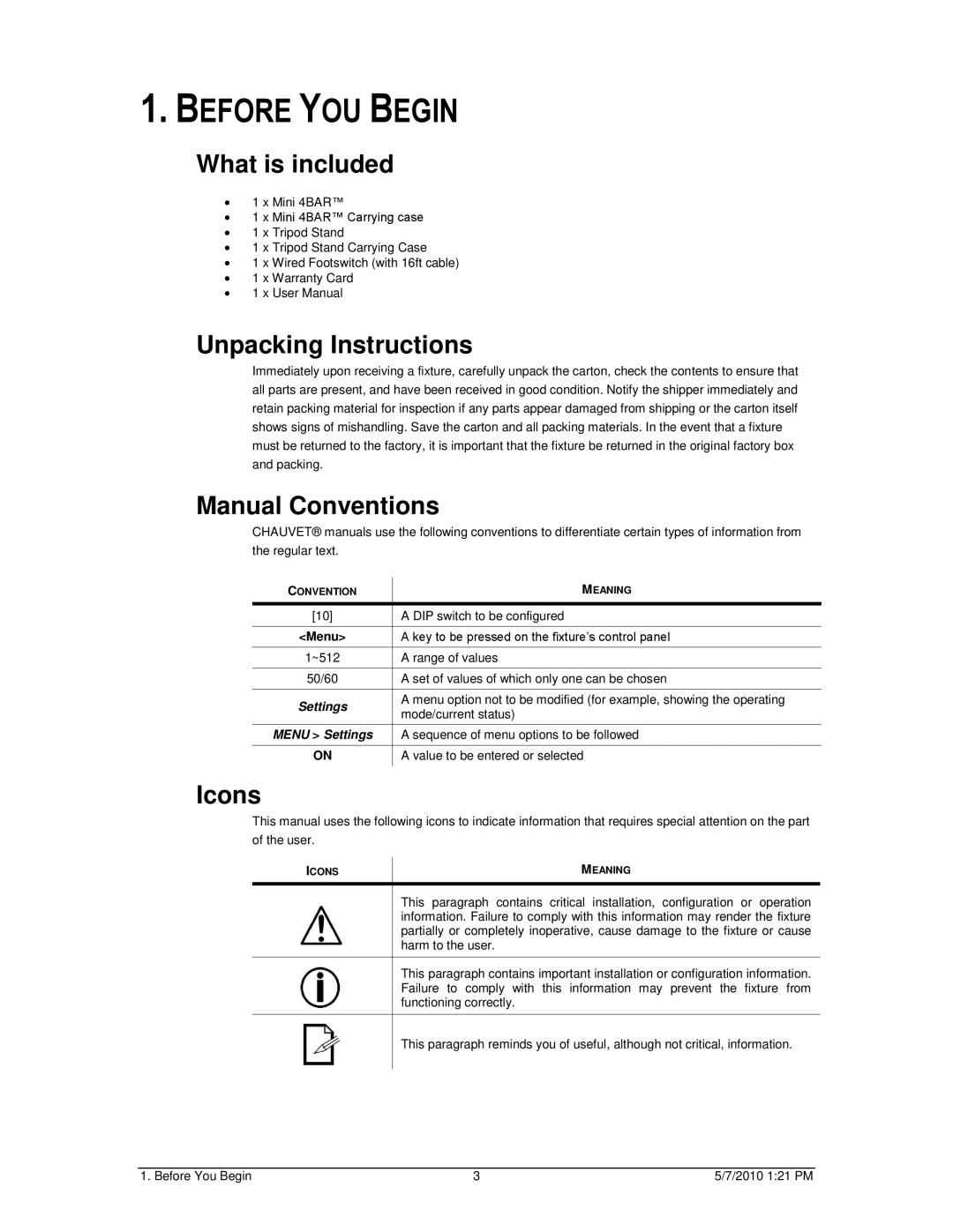 Chauvet Work Light user manual Before YOU Begin, What is included, Unpacking Instructions, Manual Conventions, Icons 