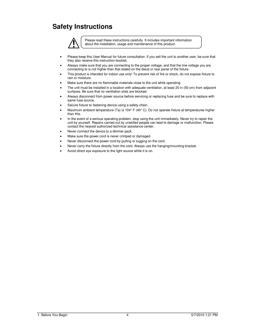 Chauvet Work Light user manual Safety Instructions 