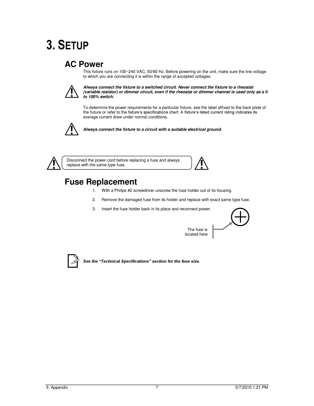 Chauvet Work Light user manual Setup, AC Power, Fuse Replacement 