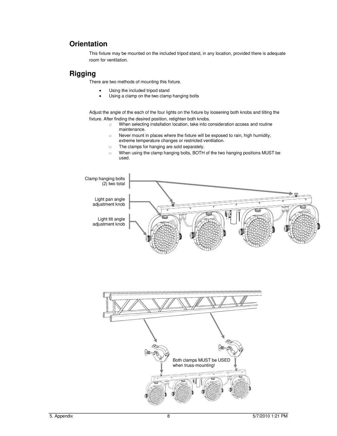 Chauvet Work Light user manual Orientation, Rigging 