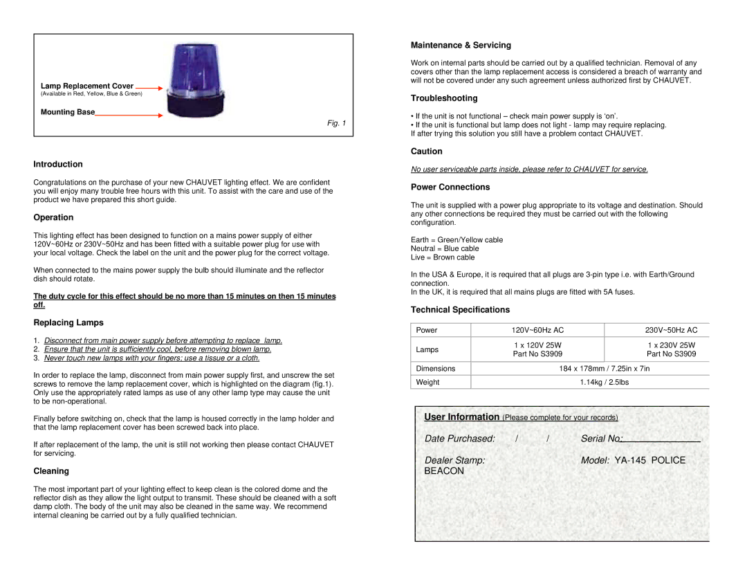 Chauvet YA-145 manual Introduction, Operation, Replacing Lamps, Cleaning, Maintenance & Servicing, Troubleshooting 