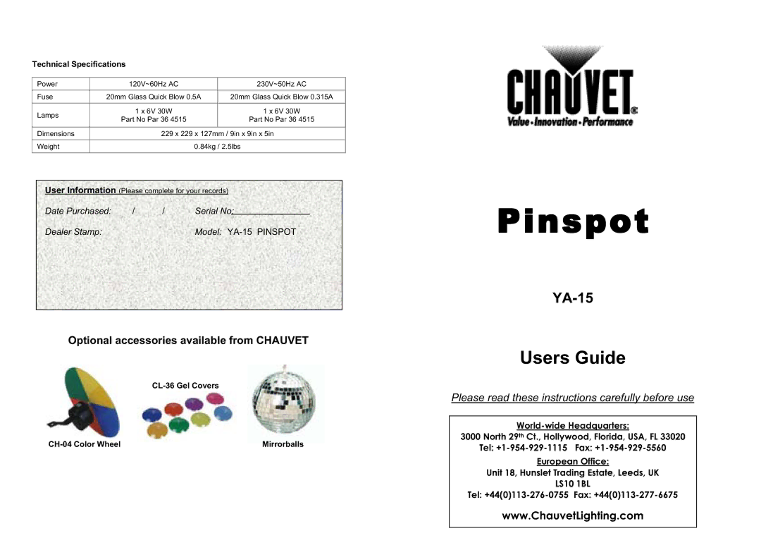 Chauvet YA-15 technical specifications Technical Specifications, CL-36 Gel Covers CH-04 Color Wheel 