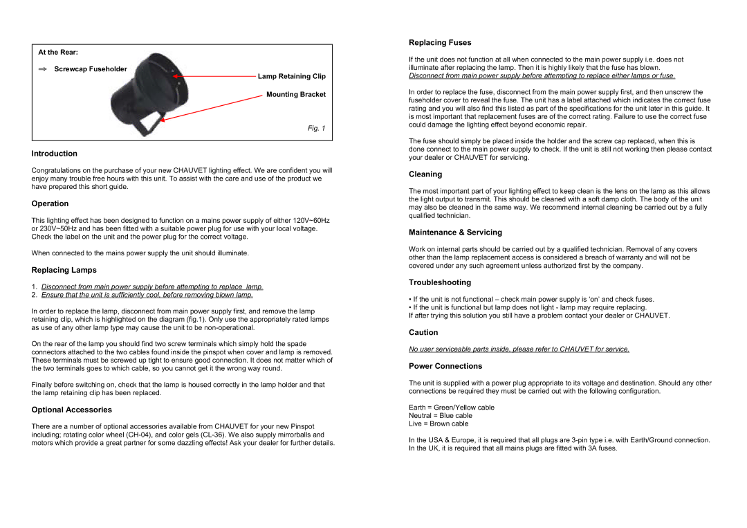 Chauvet YA-15 Introduction, Operation, Replacing Lamps, Optional Accessories, Replacing Fuses, Cleaning, Troubleshooting 