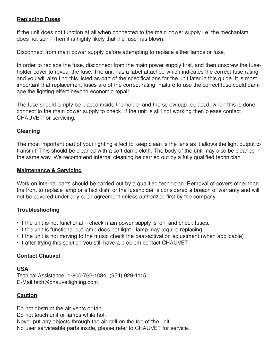 Chauvet ZX-20LQ manual Replacing Fuses, Cleaning, Maintenance & Servicing, Troubleshooting, Contact Chauvet 