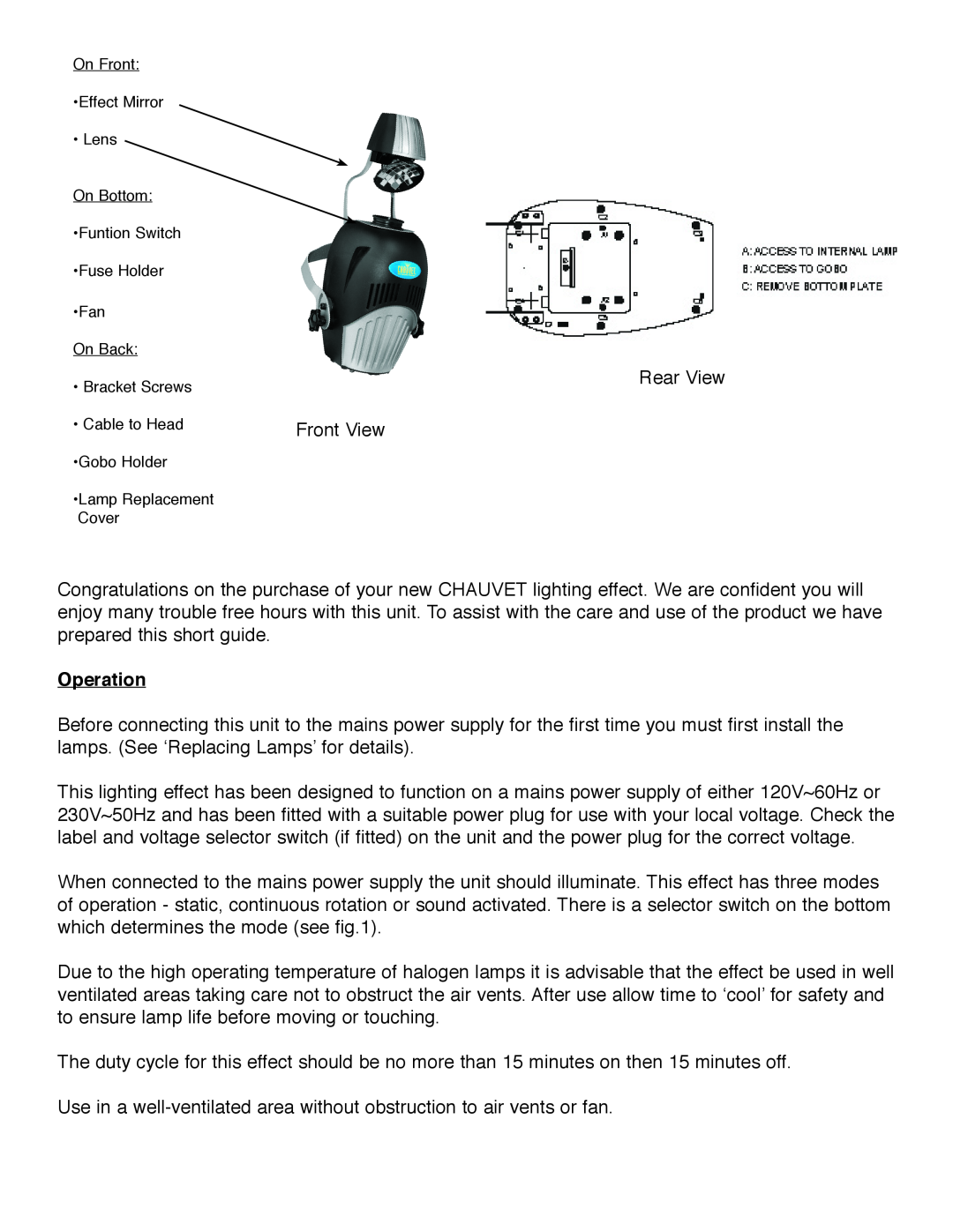 Chauvet ZX-20LQ manual Operation 