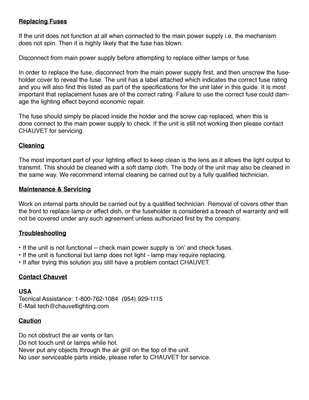 Chauvet ZX-30RG manual Replacing Fuses, Cleaning, Maintenance & Servicing, Troubleshooting, Contact Chauvet 