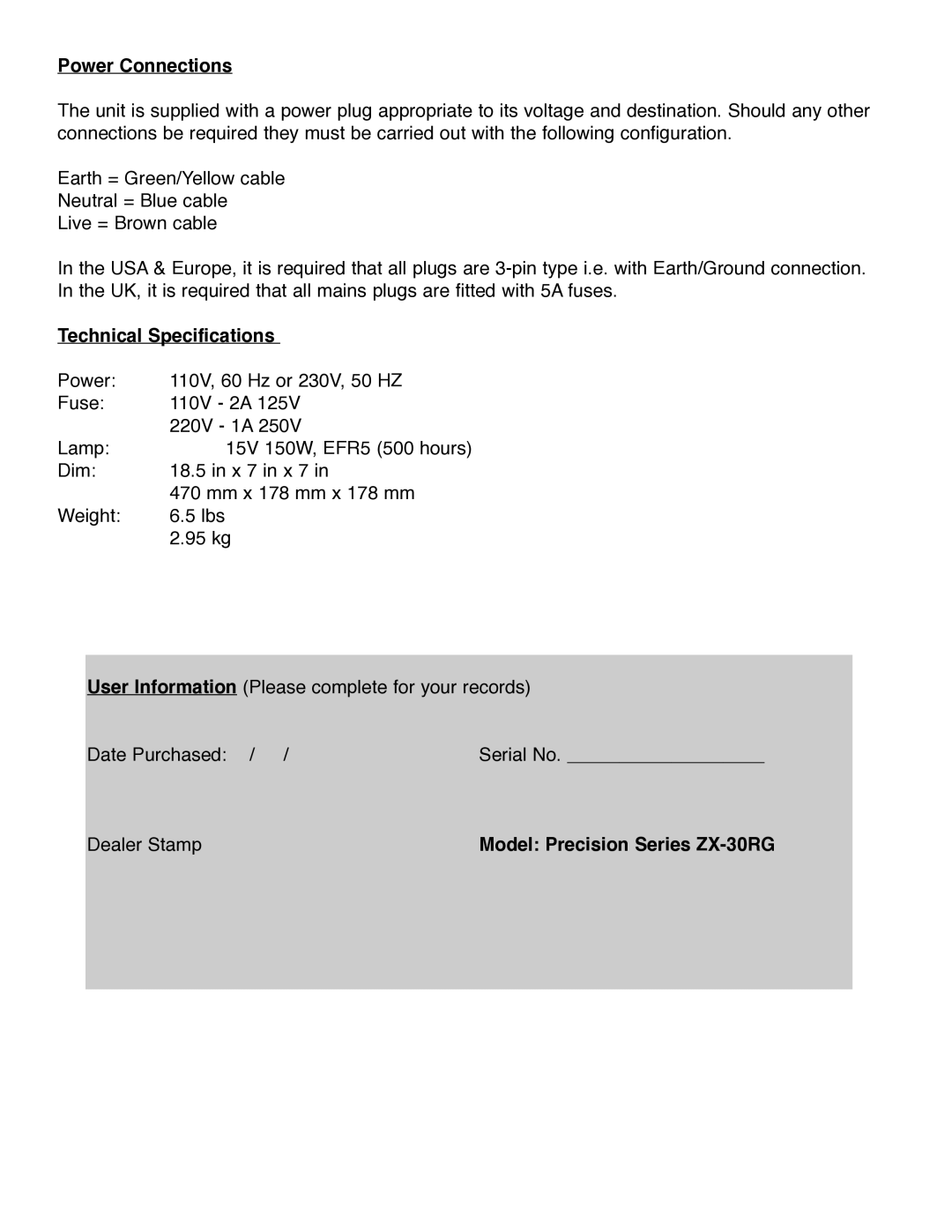 Chauvet manual Power Connections, Technical Specifications, Dealer Stamp Model Precision Series ZX-30RG 