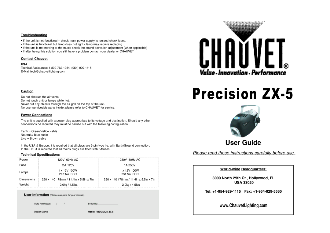 Chauvet ZX-5 technical specifications Troubleshooting, Contact Chauvet, Power Connections, Technical Specifications 