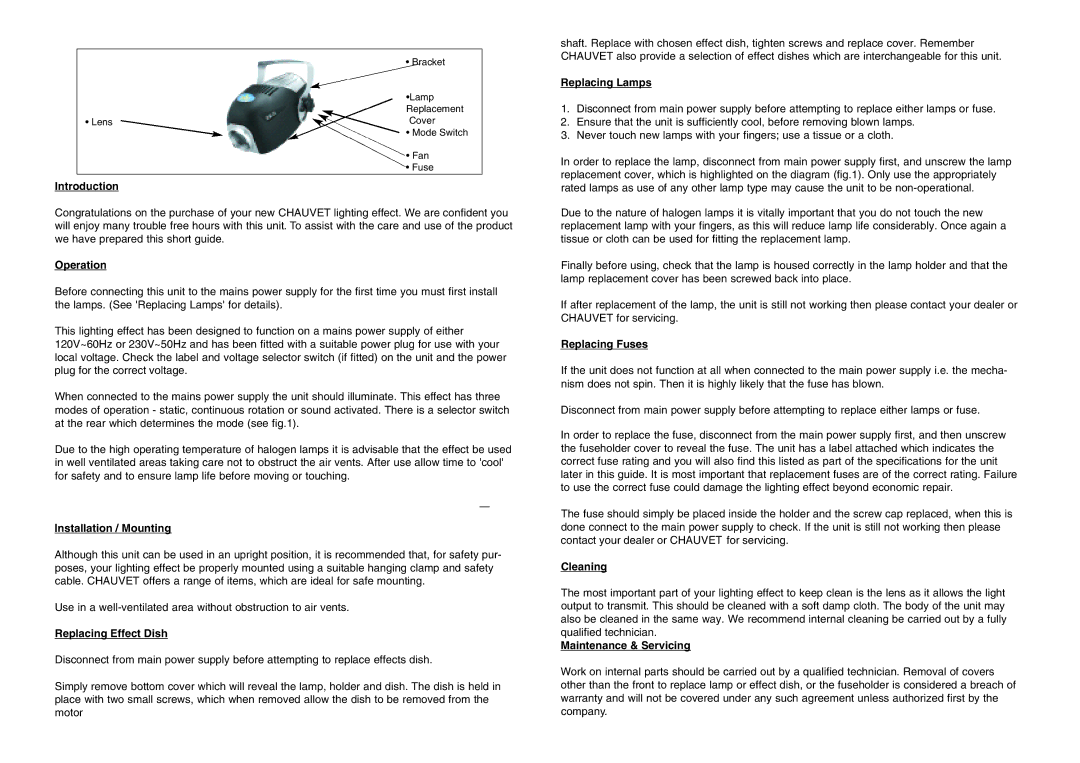 Chauvet ZX-5 Introduction, Operation, Installation / Mounting, Replacing Effect Dish, Replacing Lamps, Replacing Fuses 