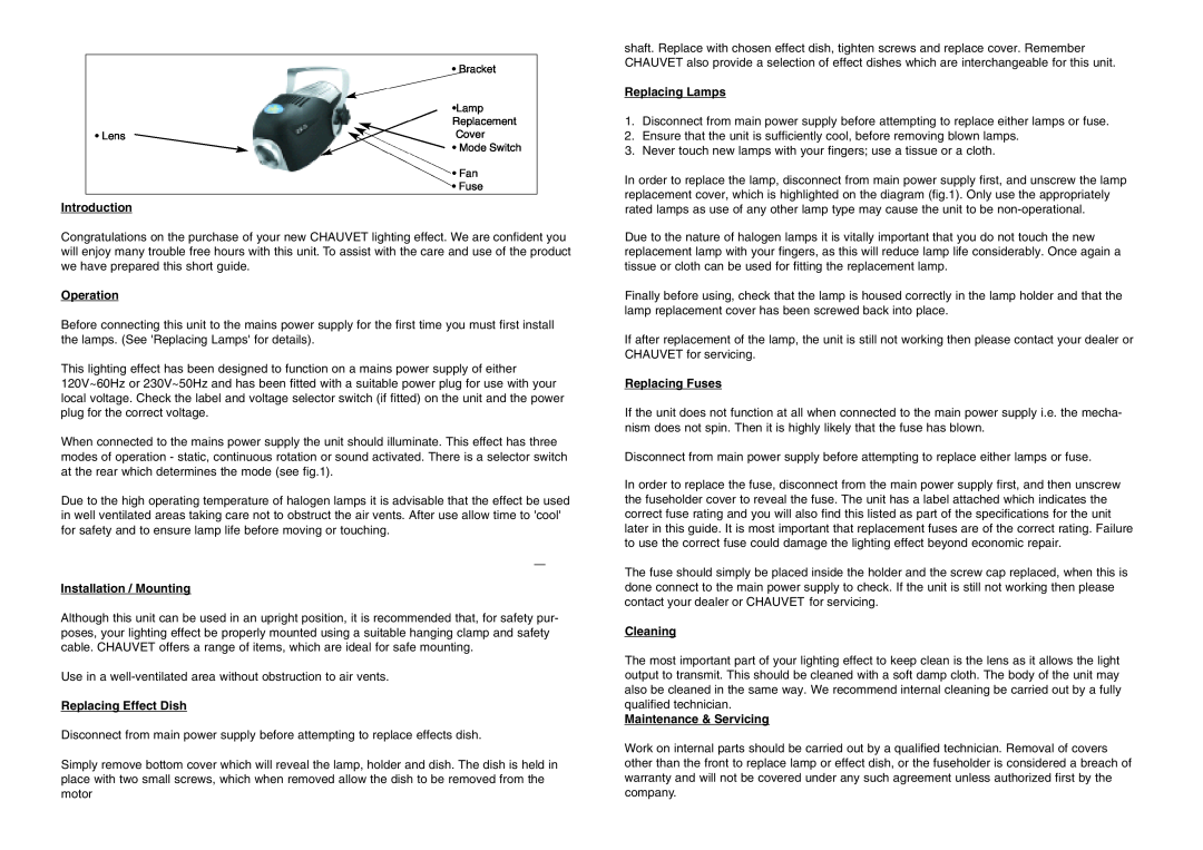 Chauvet ZX-5 Introduction, Operation, Installation / Mounting, Replacing Effect Dish, Replacing Lamps, Replacing Fuses 