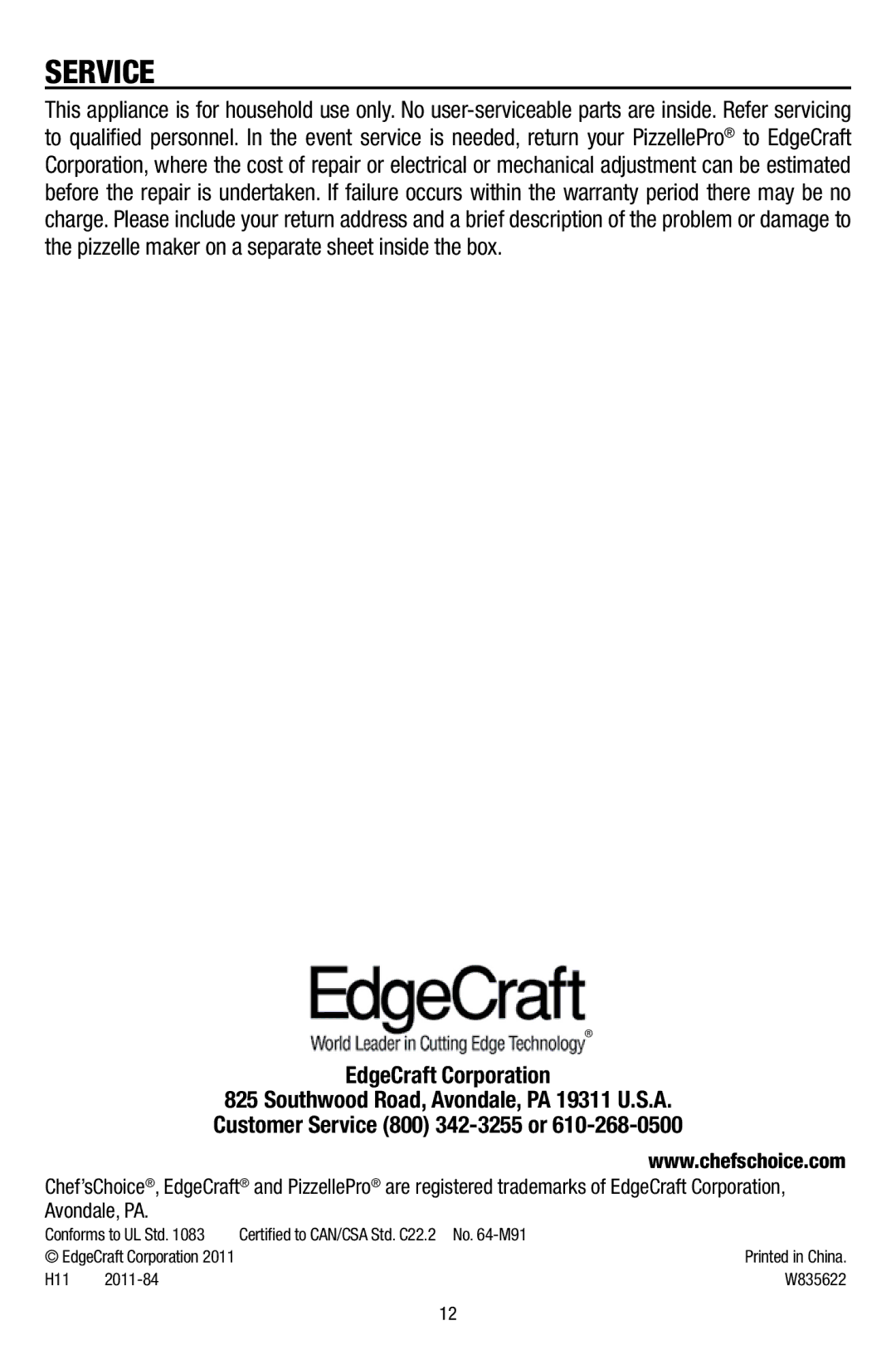 Chef's Choice 836 manual Service, EdgeCraft Corporation 