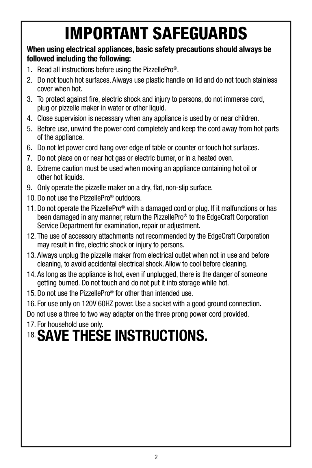 Chef's Choice 836 manual Important Safeguards 