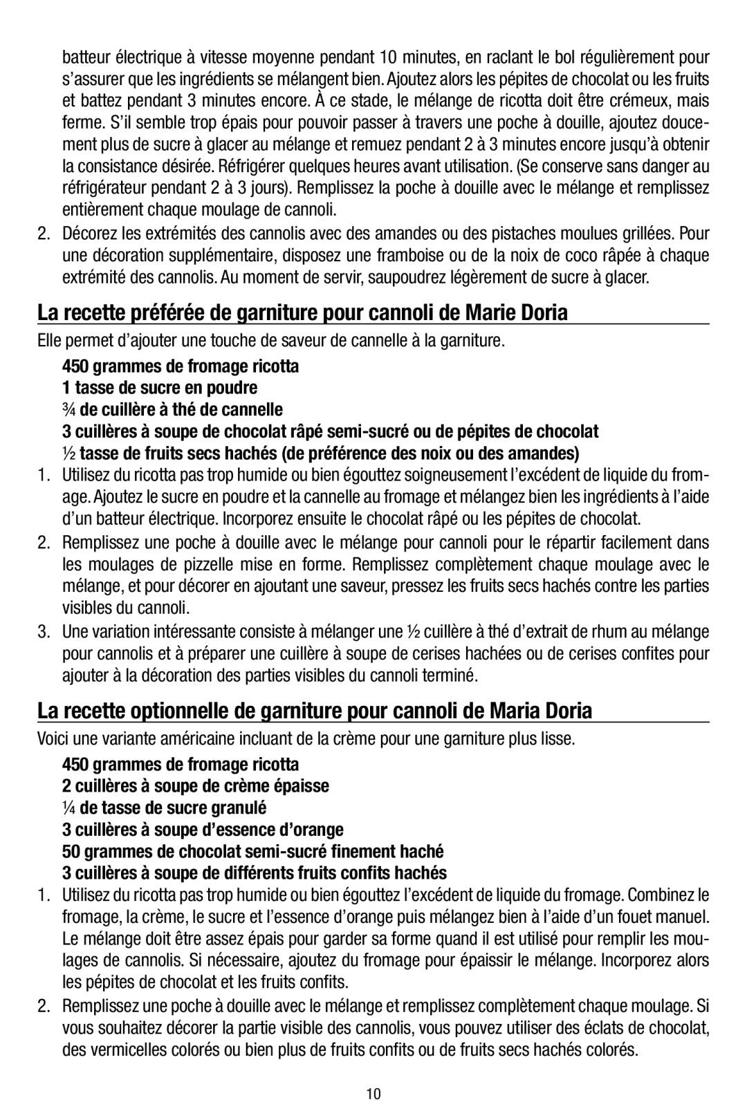 Chef's Choice 836 manual La recette préférée de garniture pour cannoli de Marie Doria 