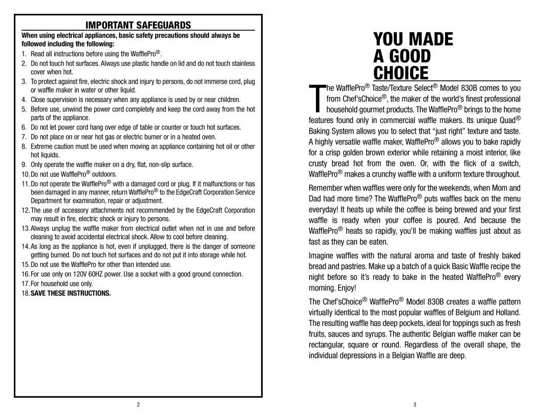 Chef's Choice 838 manual YOU Made, Important Safeguards 