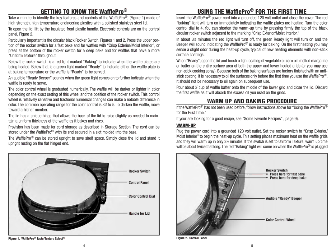 Chef's Choice 838 manual Getting to Know the WafflePro, Warm UP and Baking Procedure 