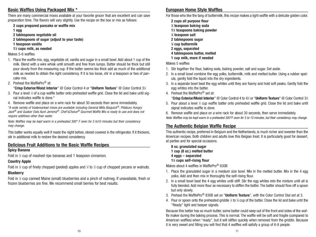 Chef's Choice 838 manual Basic Waffles Using Packaged Mix, Delicious Fruit Additions to the Basic Waffle Recipes 