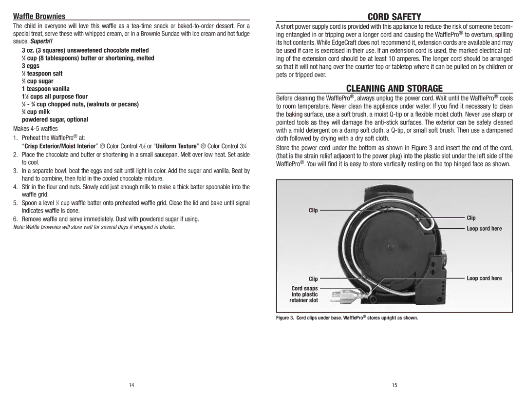 Chef's Choice 838 manual Cord Safety, Cleaning and Storage, Waffle Brownies, Makes 4-5 waffles Preheat the WafflePro at 