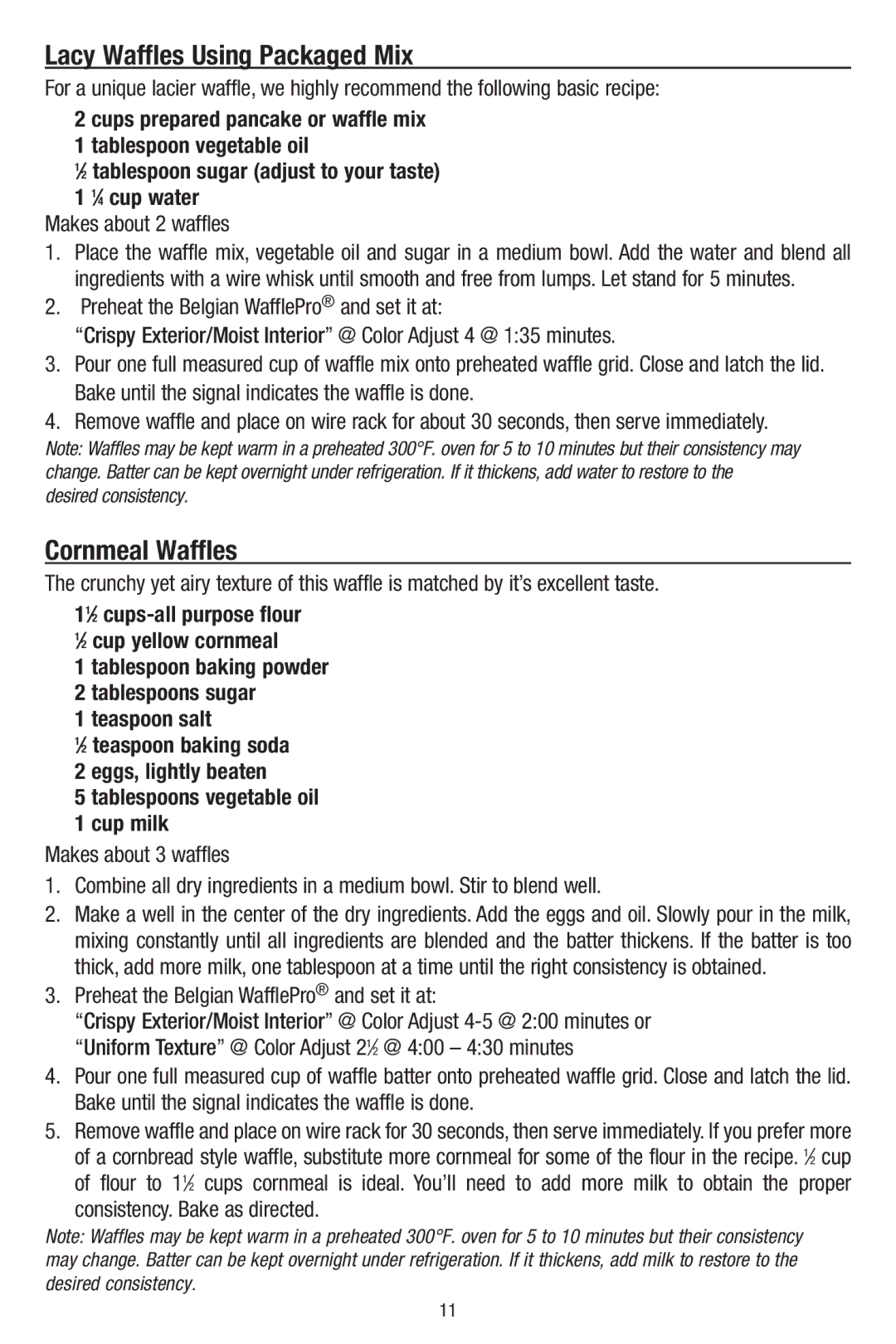 Chef's Choice 840B, 8500001 manual Lacy Waffles Using Packaged Mix, Cornmeal Waffles 