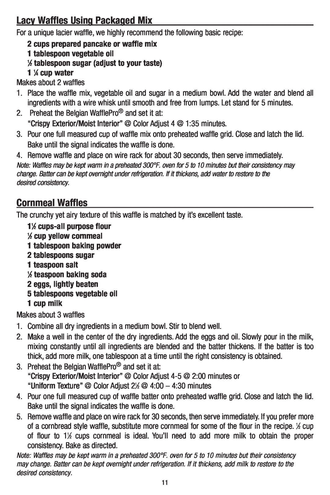 Chef's Choice 840B, 8500001 manual Lacy Waffles Using Packaged Mix, Cornmeal Waffles 