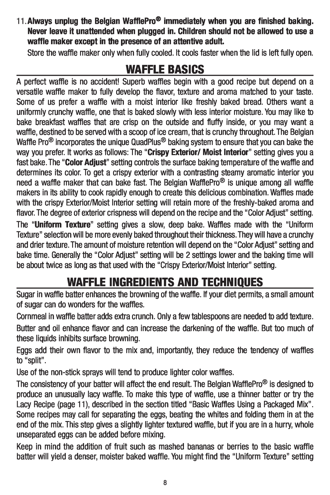 Chef's Choice 8500001, 840B manual Waffle Basics, Waffle Ingredients And Techniques 