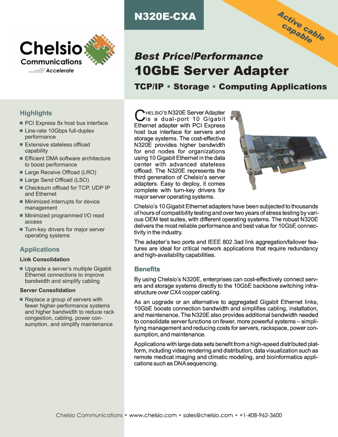 Chelsio Communications N320E-CXA manual Highlights, Applications, Benefits, 10GbE Server Adapter, Best Price/Performance 