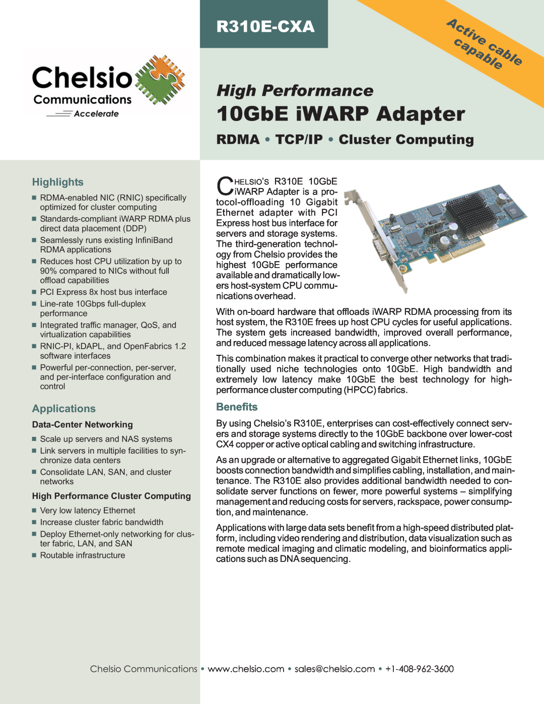 Chelsio Communications R310E-CXA manual Highlights, Applications, Benefits, 10GbE iWARP Adapter, High Performance, capable 