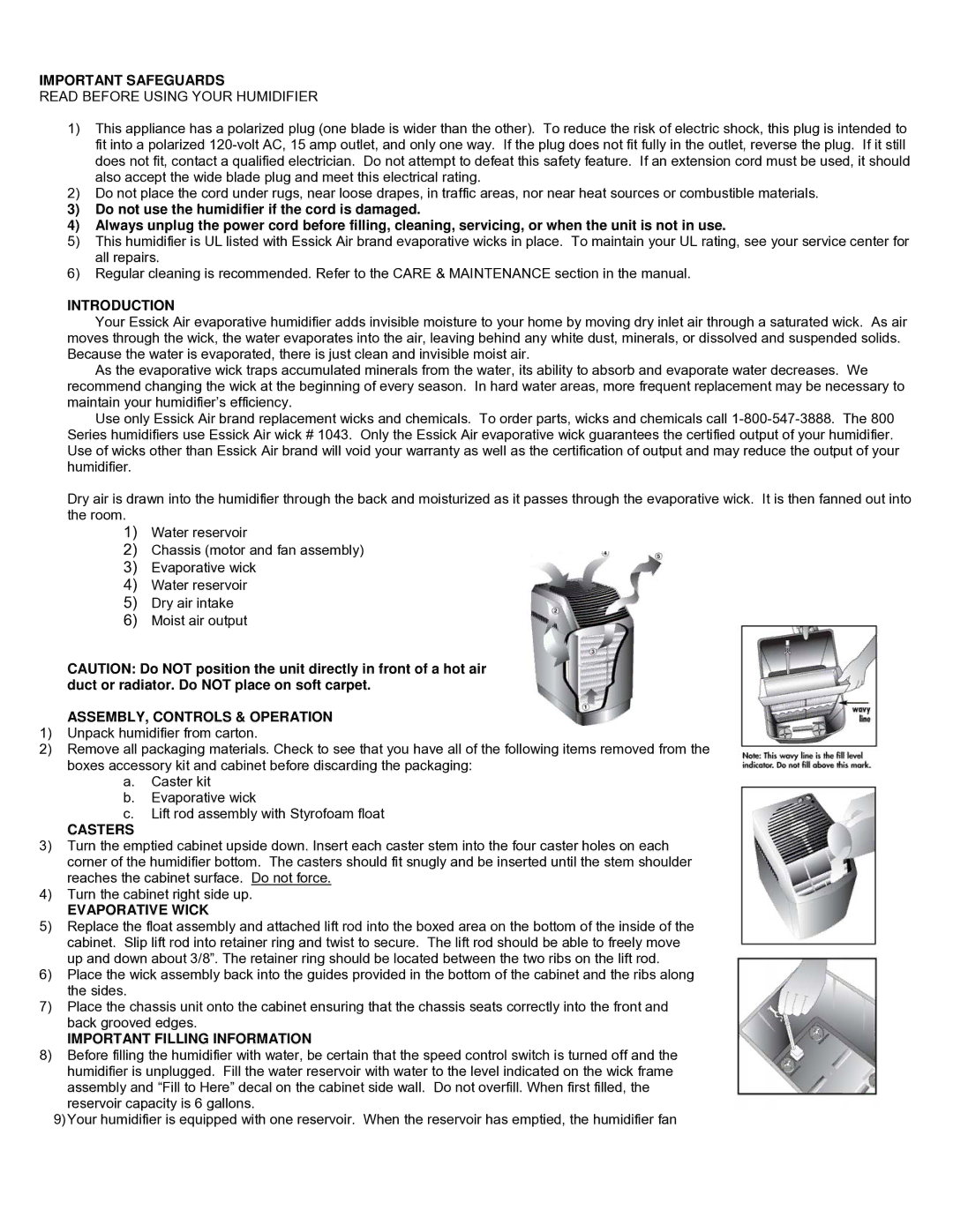 Chemex 826 800, 821 000 manual Important Safeguards, Introduction, ASSEMBLY, Controls & Operation, Casters, Evaporative Wick 