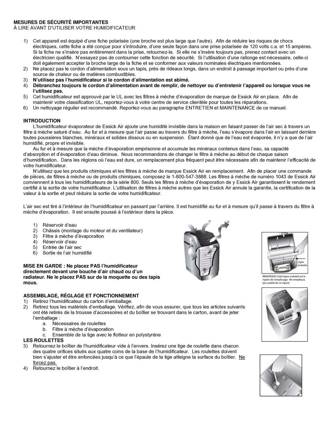 Chemex 821 000, 821 001, 826 800 Mesures DE Sécurité Importantes, Lire Avant D’UTILISER Votre Humidificateur, LES Roulettes 