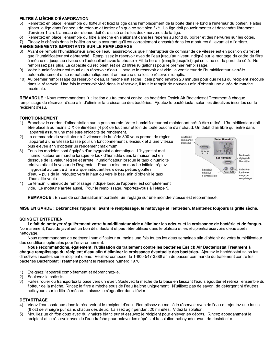 Chemex 821 001 Filtre À Mèche D’ÉVAPORATION, Renseignements Importants SUR LE Remplissage, Fonctionnement, Détartrage 