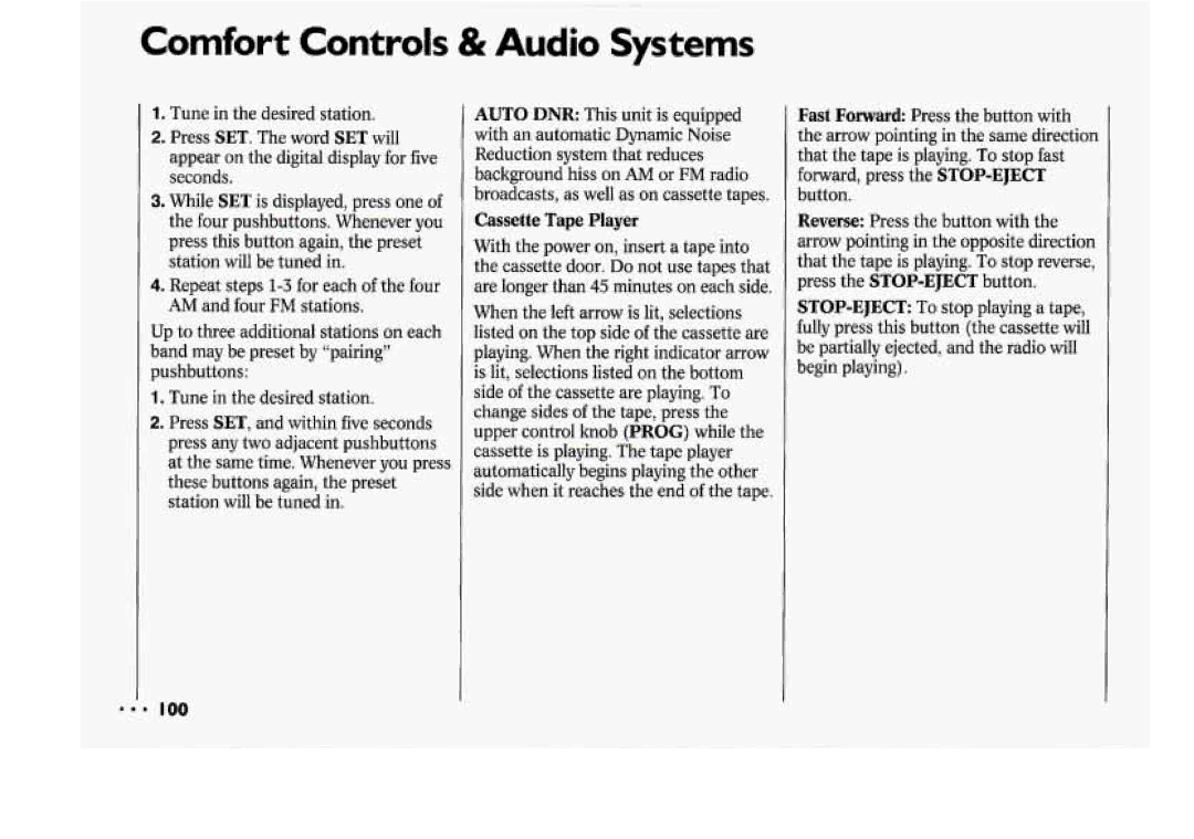 Chevrolet 1994 manual Comfort Controls & Audio Systems, Cassette Tape Player 