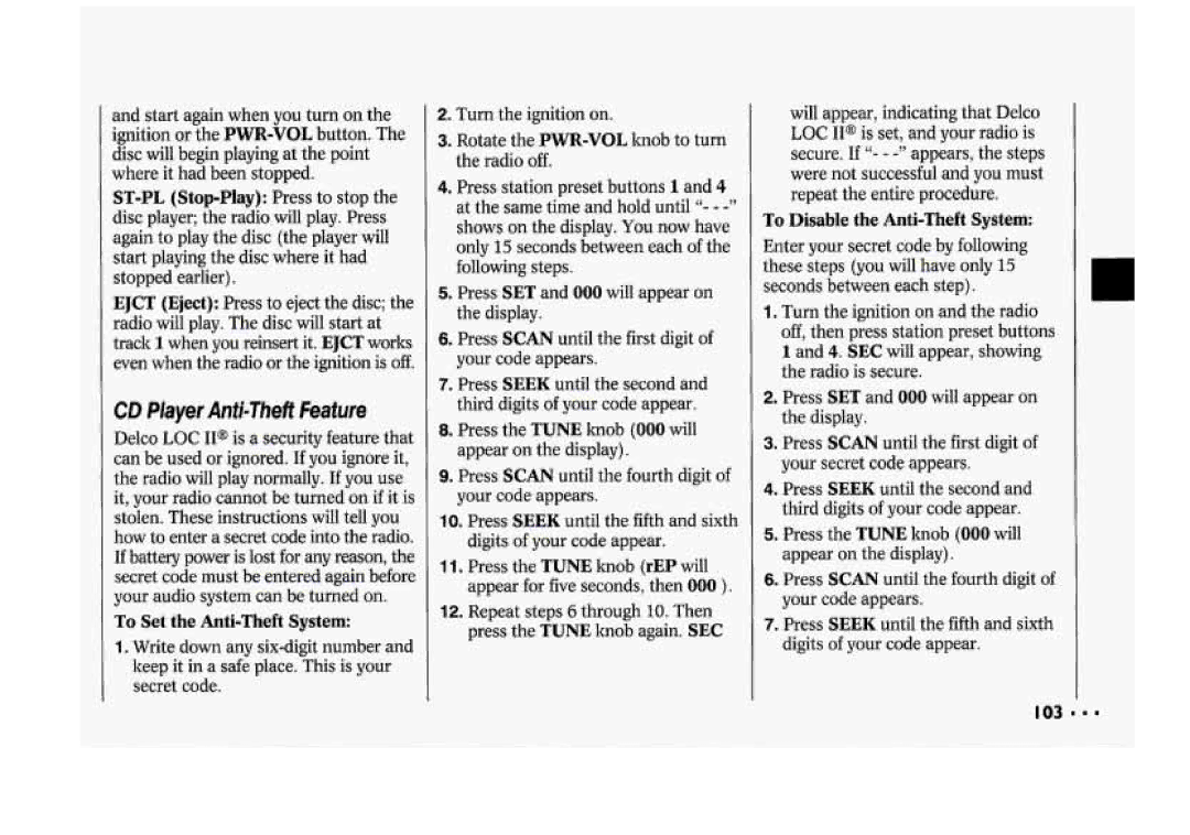 Chevrolet 1994 manual CD Player Anti-Theft Feature, To Set the Anti-Theft System, To Disable the Anti-Theft System 