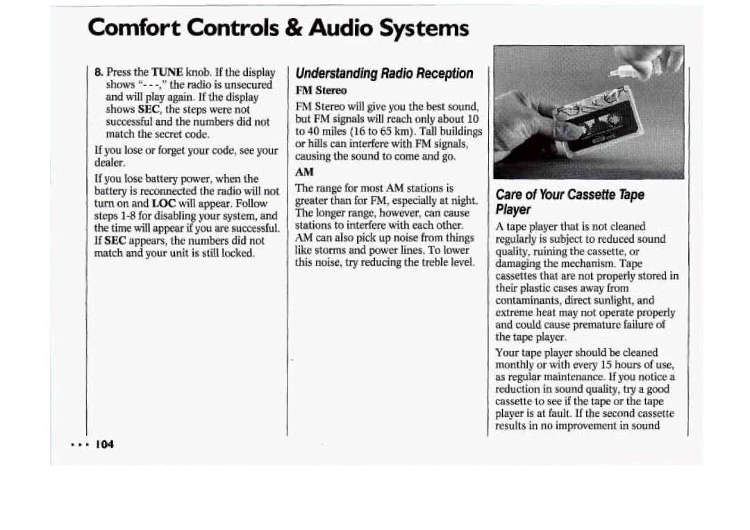 Chevrolet 1994 manual Care of Your Cassette Tape Player, FM Stereo 