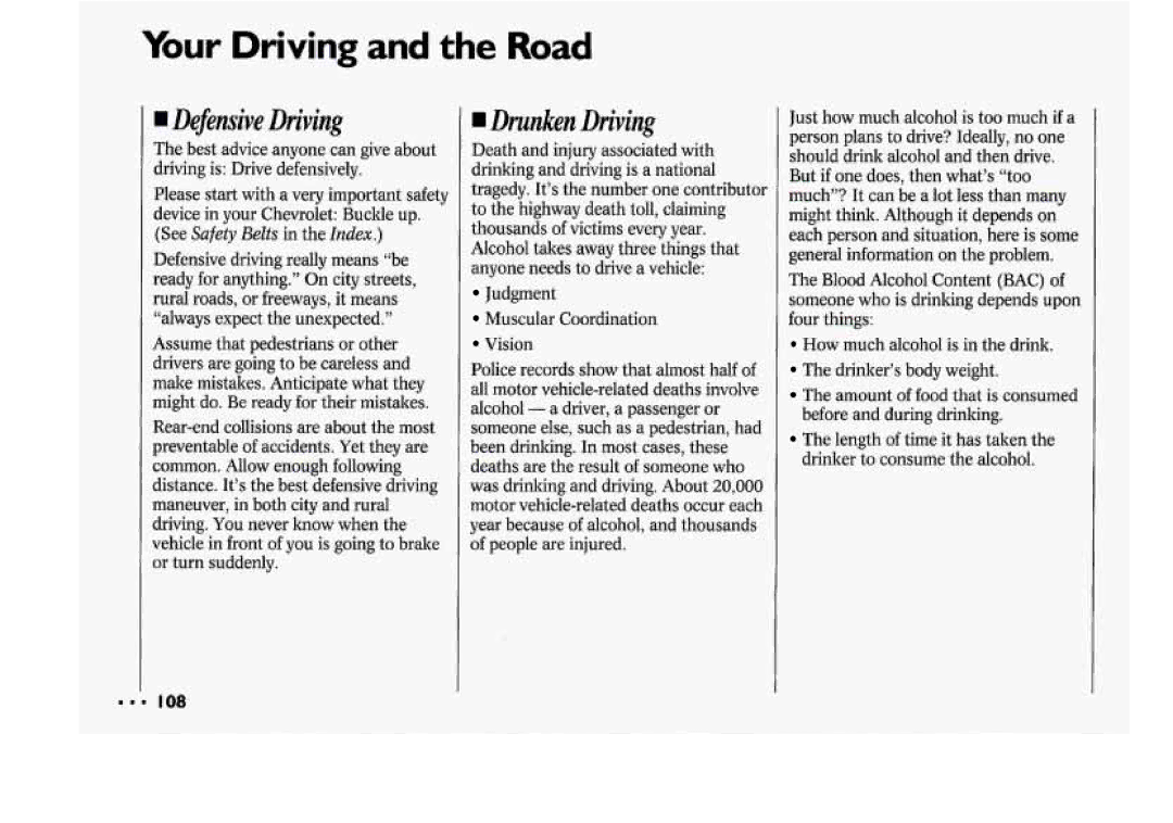 Chevrolet 1994 manual Defensive Driving, IDrunken Driving 