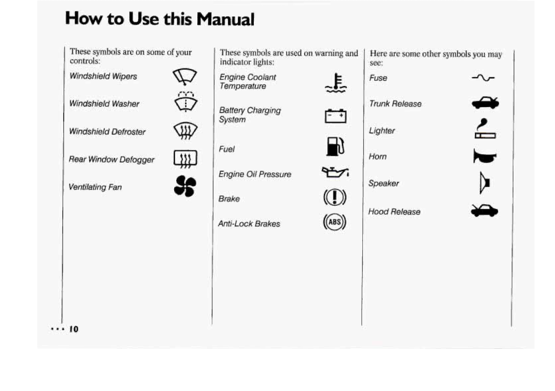 Chevrolet 1994 manual These symbols are on some of your controls, These symbols are used on warning and indicator lights 