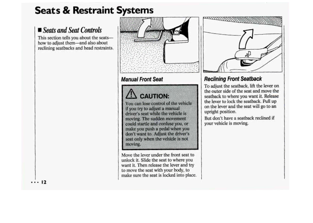 Chevrolet 1994 manual Manual Front Seat, Ikclining Front Seafbsck 