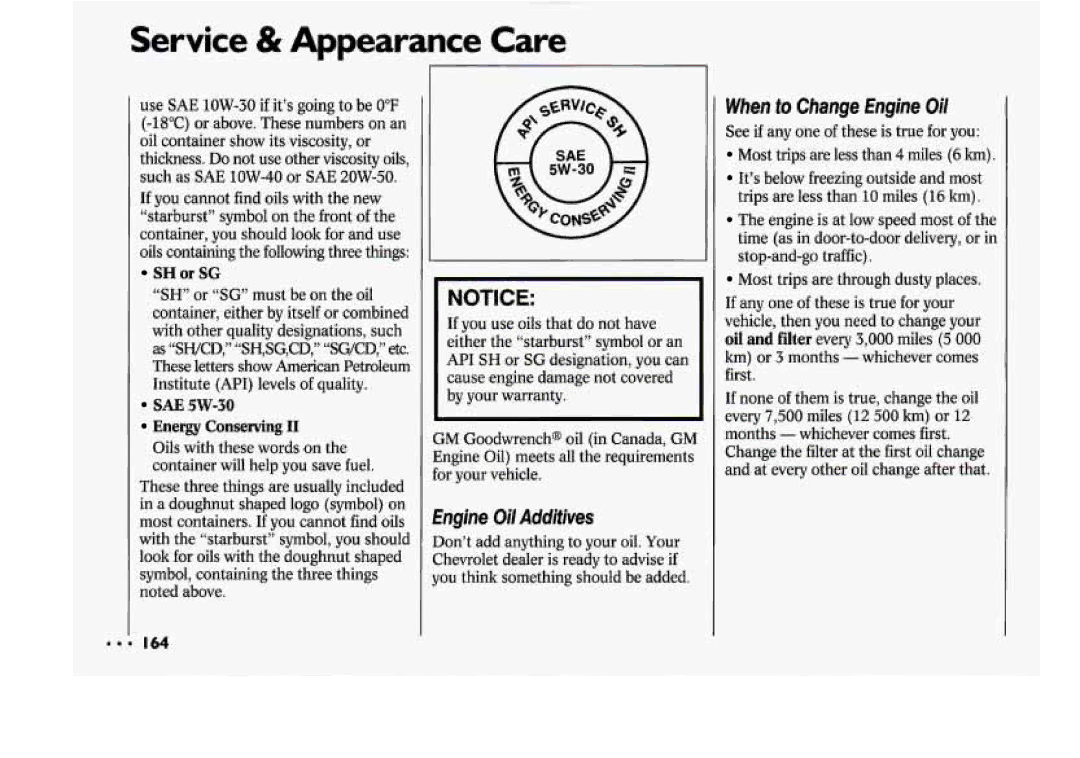 Chevrolet 1994 manual €ngine Oil Additives, When to Change Engine Oi 