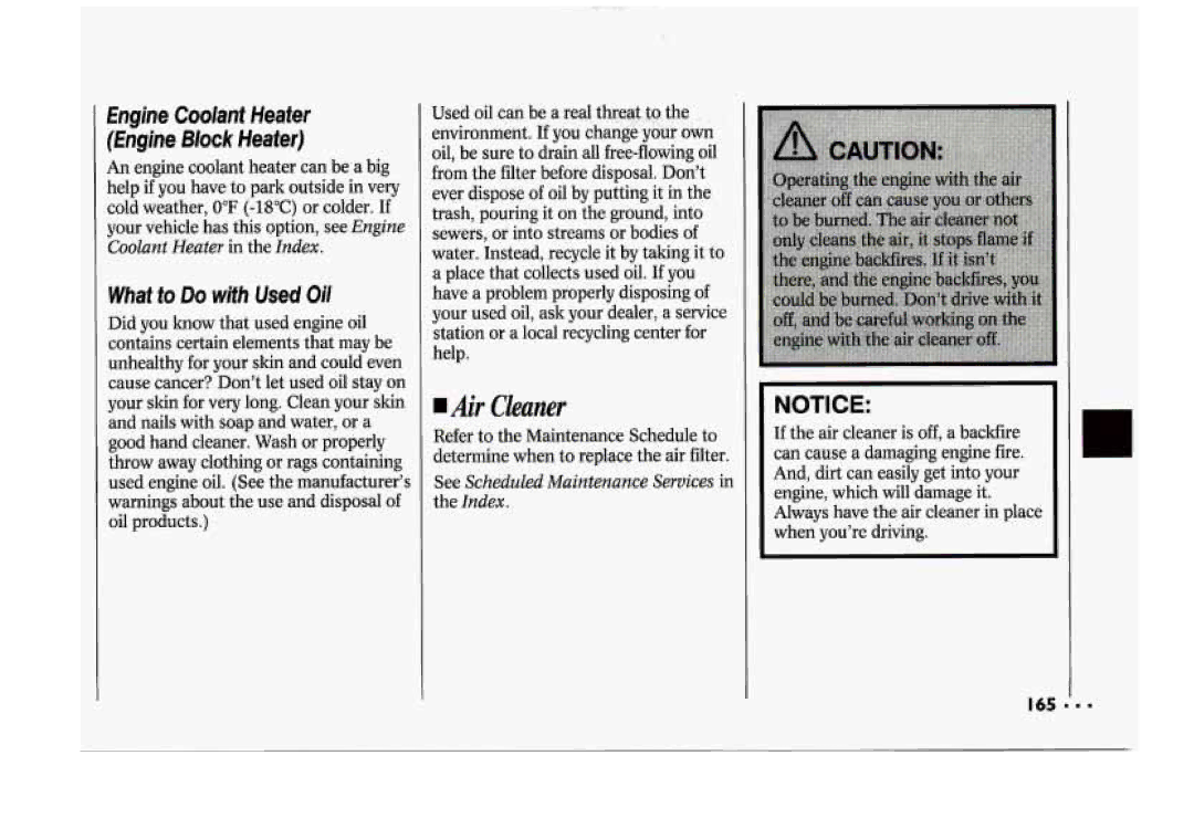 Chevrolet 1994 manual What to Do with Used Oil, Engine Coolant Heater Engine Block Heater 