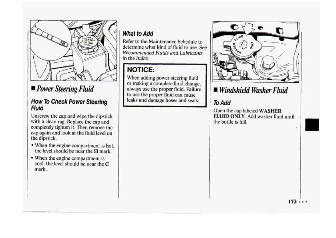 Chevrolet 1994 manual IPower Steering Fluid, IWindshield WasherFluid, What toAdd 
