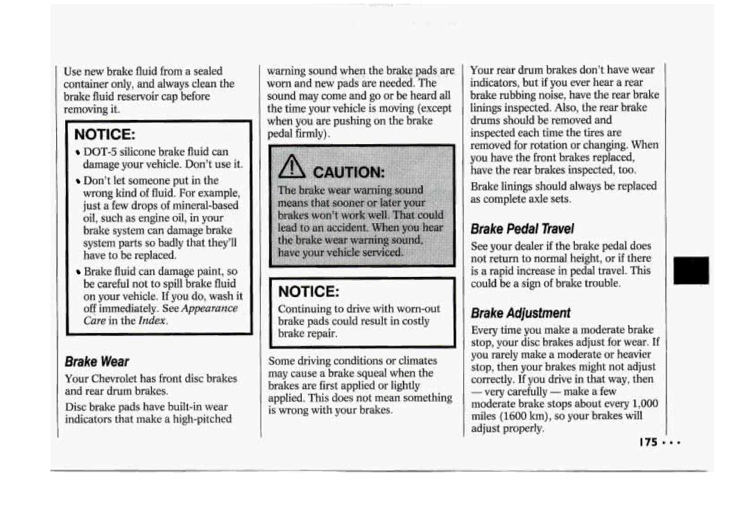 Chevrolet 1994 manual Brake Wear, Brake Pedal Travel, Brake Adjustment 