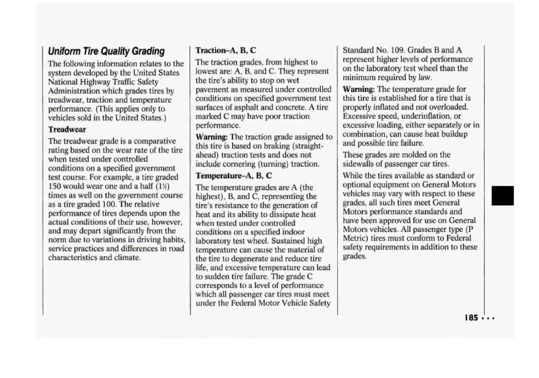 Chevrolet 1994 manual Uniform Tire Qualify Grading, Treadwear, Traction-A, B, C, Temperature-A, B, C 